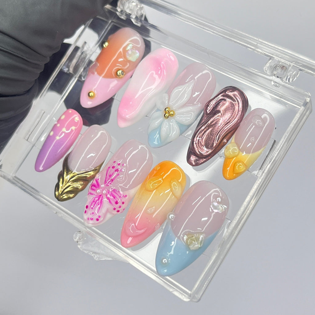 3D Flower Medium Almond Press On Nails, Floral Handmade Gel False Nails for Birthday Event Party Holiday Vacation
