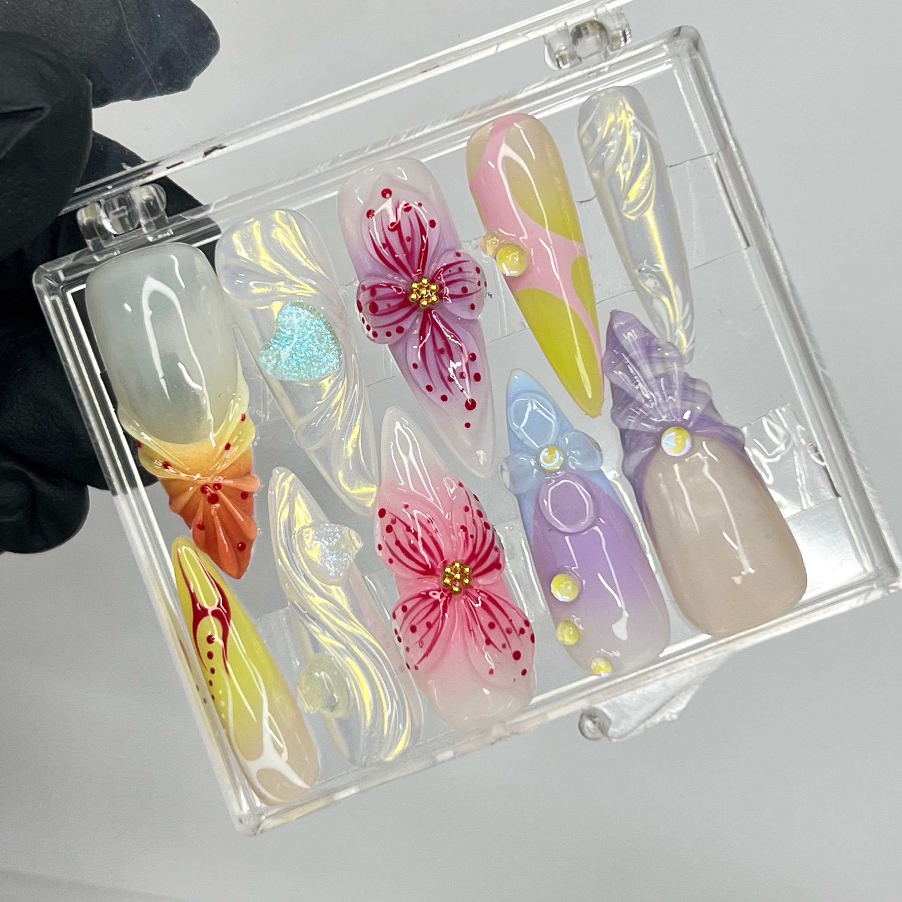 Fairy Dream Flower Garden Long Almond Press On Nails, 3D Gel Fairycore Fake Nails, Dreamy Nails for Birthday Vacation Holiday