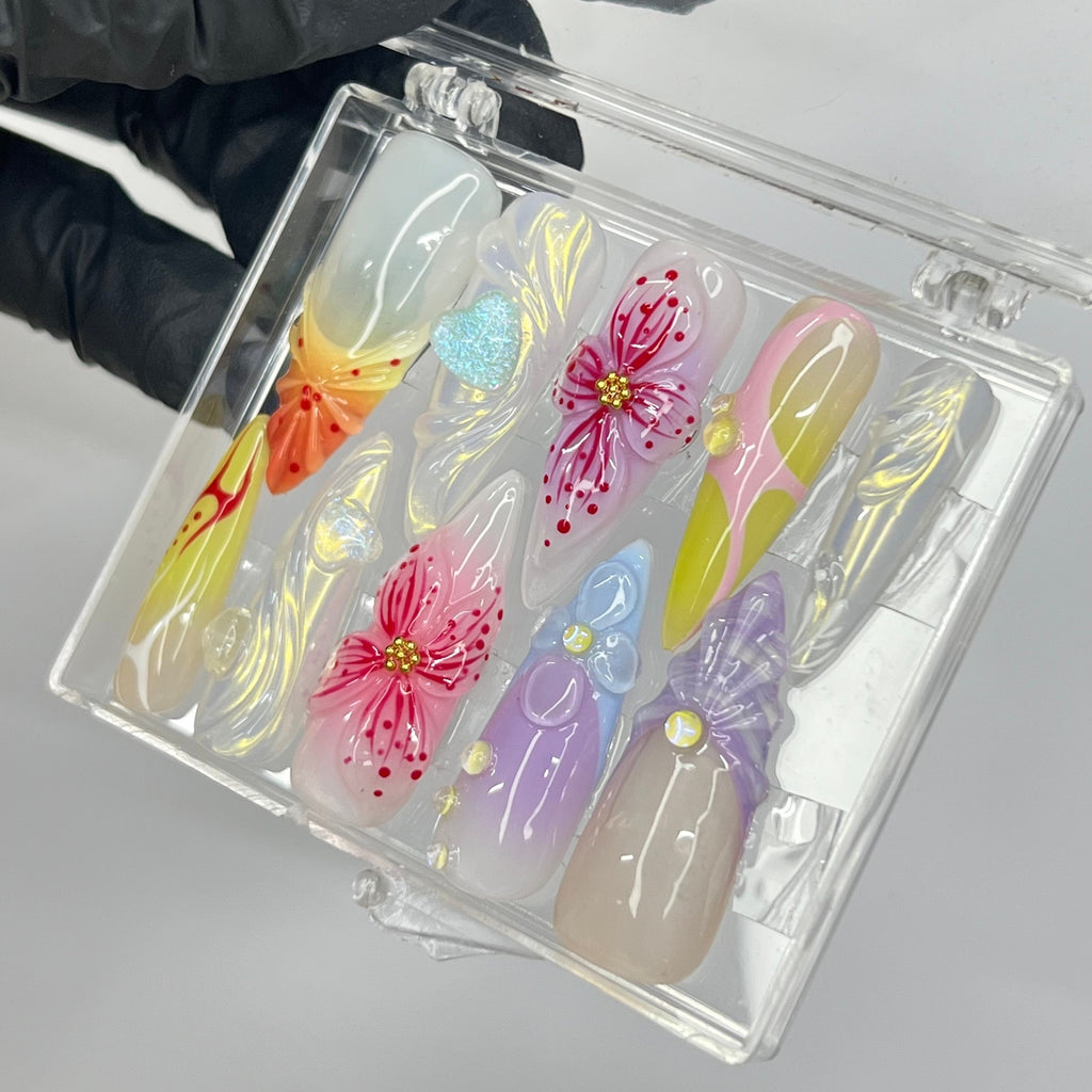 Fairy Dream Flower Garden Long Almond Press On Nails, 3D Gel Fairycore Fake Nails, Dreamy Nails for Birthday Vacation Holiday