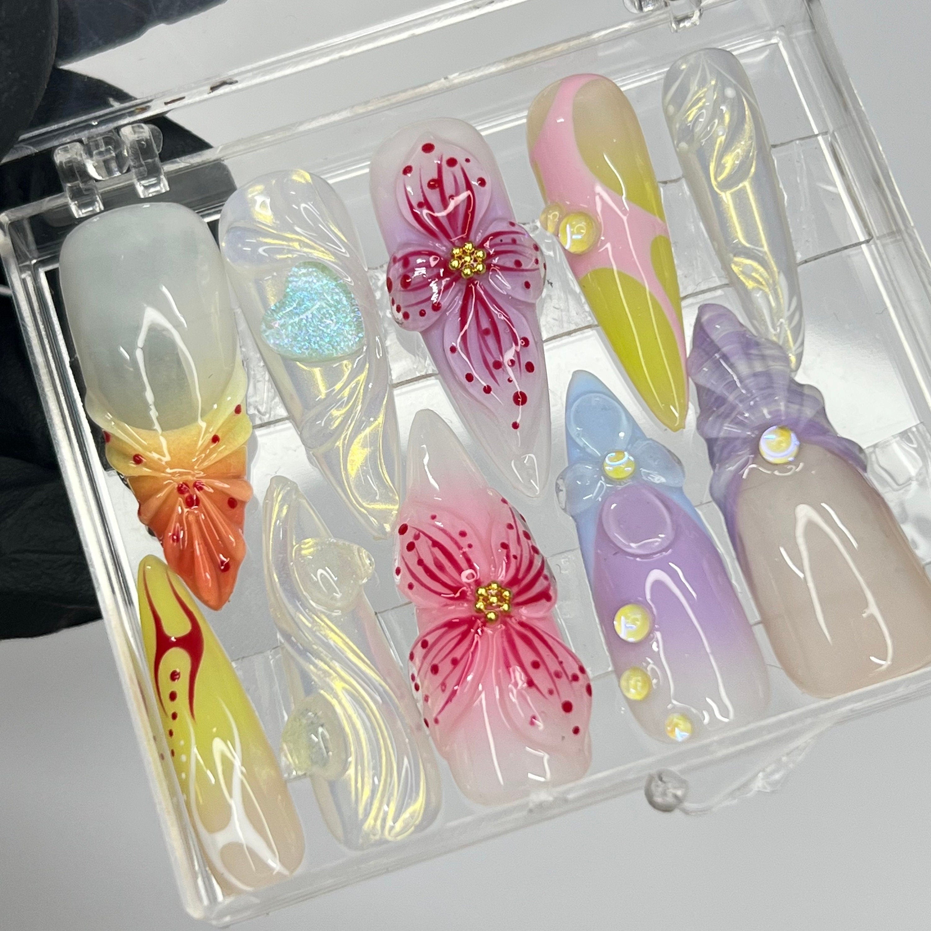 Fairy Dream Flower Garden Long Almond Press On Nails, 3D Gel Fairycore Fake Nails, Dreamy Nails for Birthday Vacation Holiday