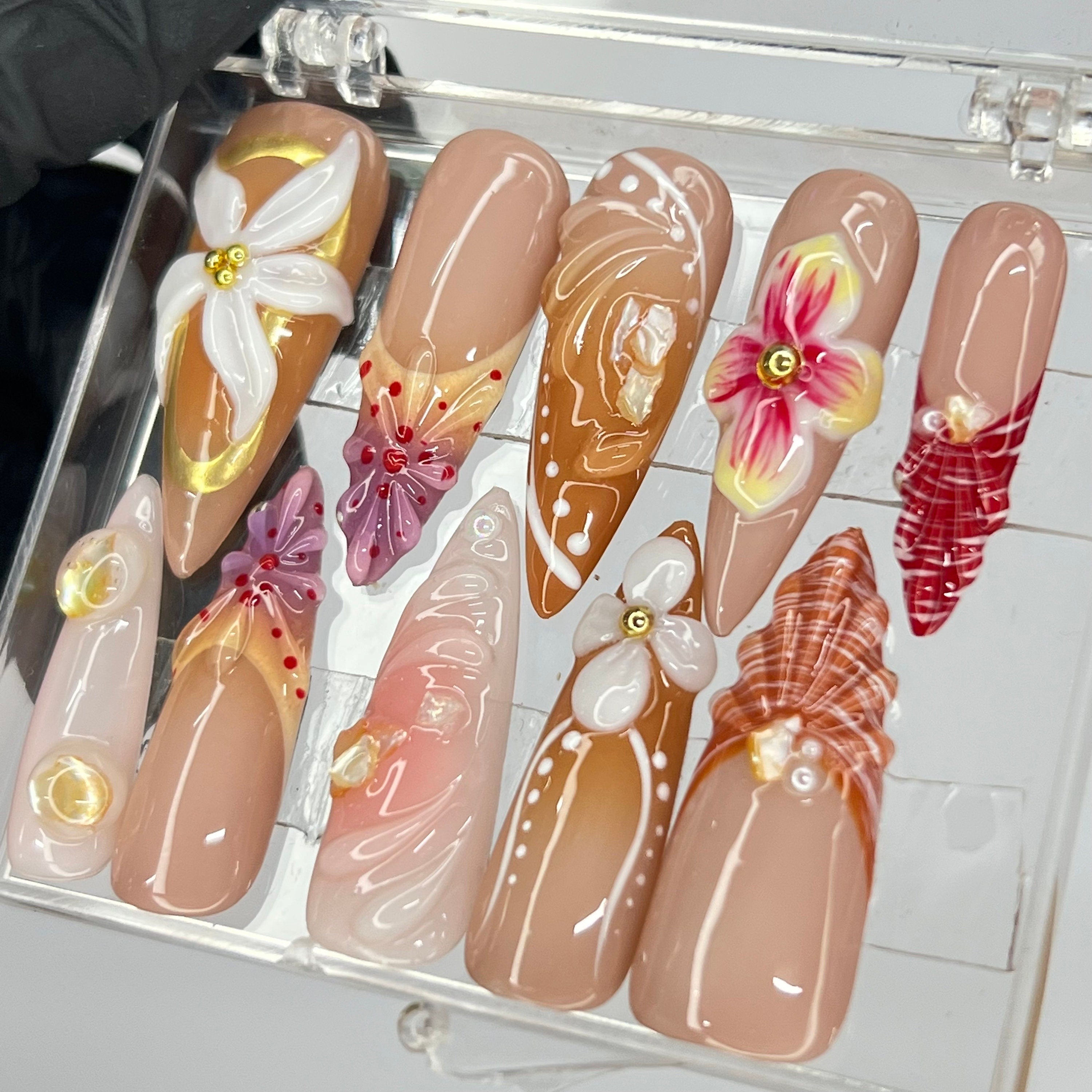 3D Flower Long Almond Press On Nails, Floral Handmade Gel False Nails for Birthday Event Party Holiday, Vacation or Gift For Her