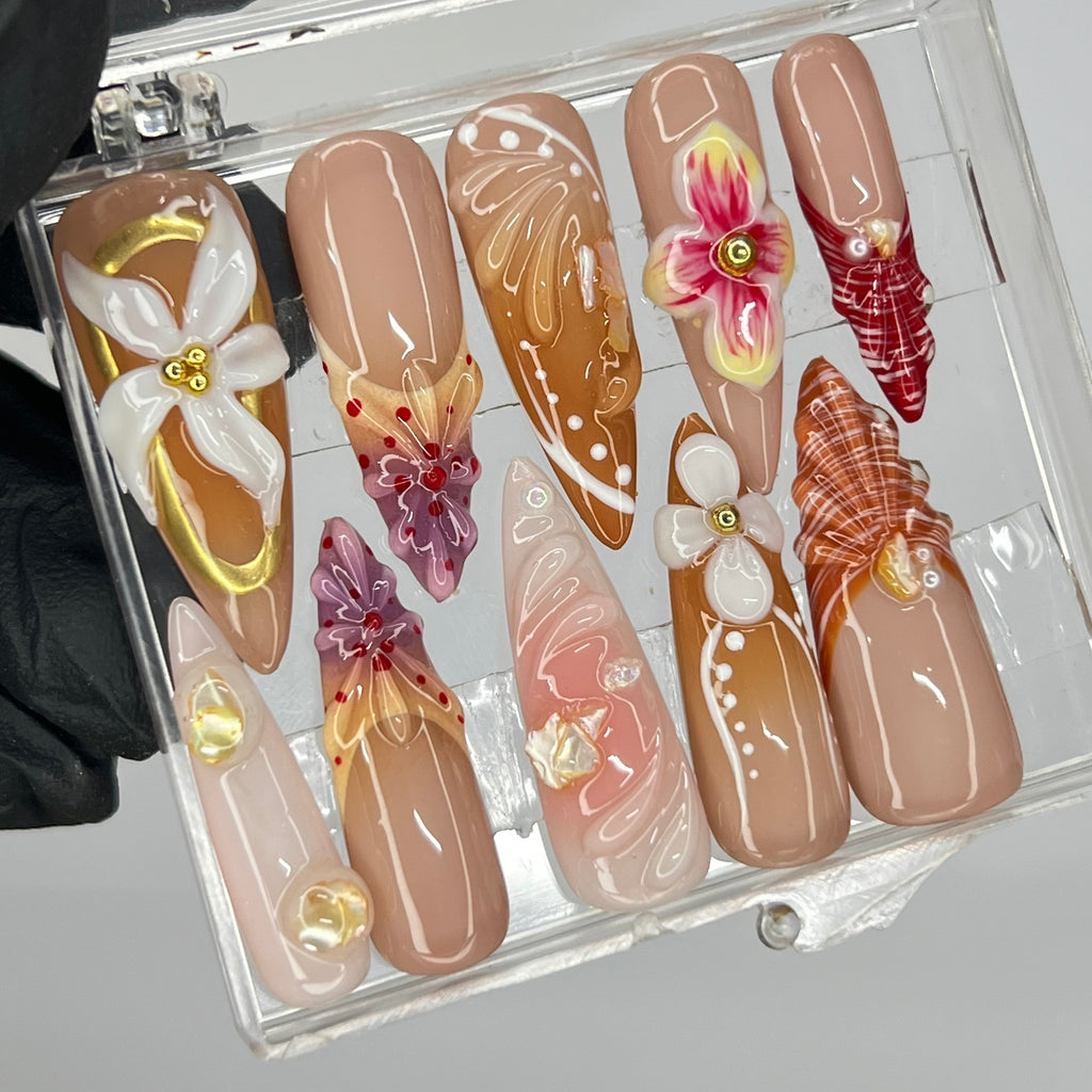 3D Flower Long Almond Press On Nails, Floral Handmade Gel False Nails for Birthday Event Party Holiday, Vacation or Gift For Her