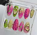 Free Style Pink & Green Almond Press On Nails, Floral Handmade Gel False Nails for Birthday Event Party Holiday Vacation, Spring Nails