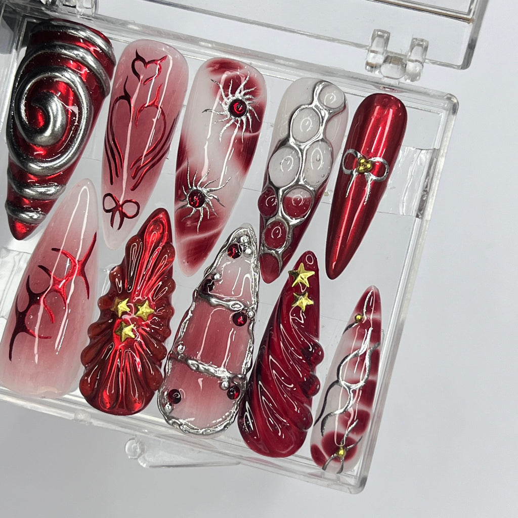 Free Style Red Theme Long Almond Press On Nails, Floral Handmade Gel False Nails for Birthday Event Party Holiday Vacation, Spring Nails