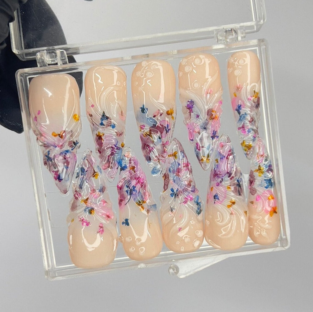 Fairy Dream Flower Garden Long Almond Press On Nails, 3D Gel Fairycore Fake Nails, Dreamy Nails for Birthday Vacation Holiday
