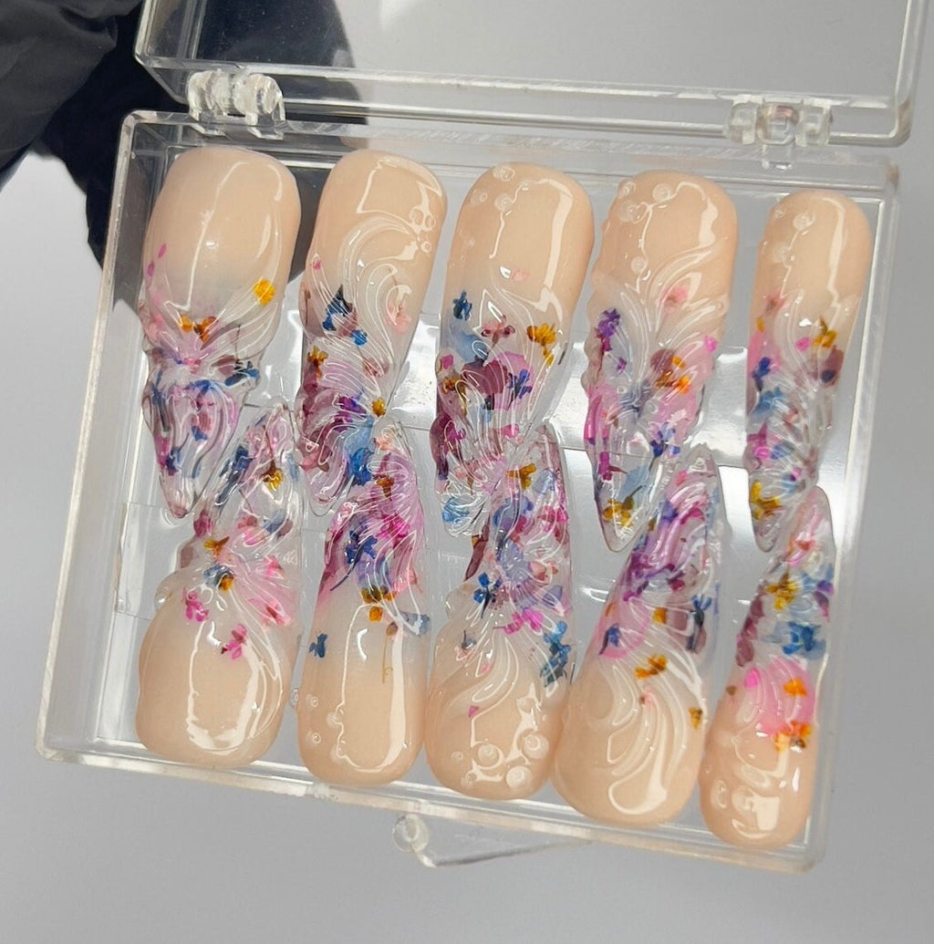 Fairy Dream Flower Garden Long Almond Press On Nails, 3D Gel Fairycore Fake Nails, Dreamy Nails for Birthday Vacation Holiday