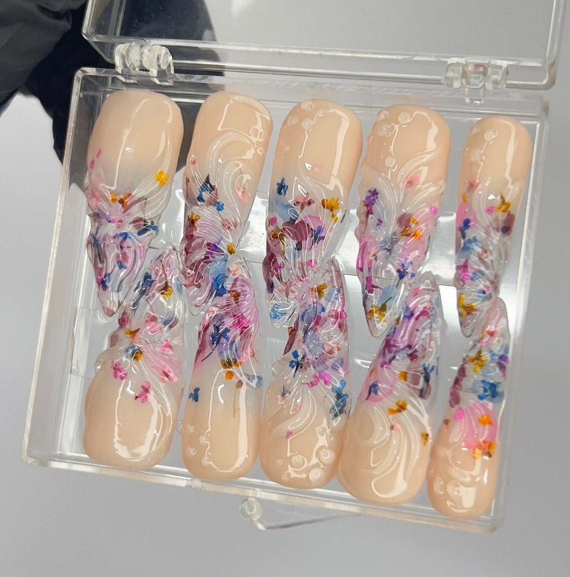 Fairy Dream Flower Garden Long Almond Press On Nails, 3D Gel Fairycore Fake Nails, Dreamy Nails for Birthday Vacation Holiday