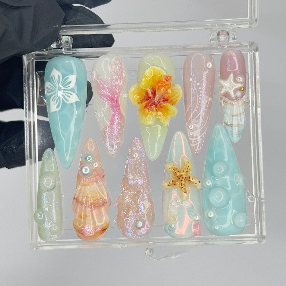 Fairy Dream Flower Garden Long Almond Press On Nails, 3D Gel Fairycore Fake Nails, Dreamy Nails for Birthday Vacation Holiday
