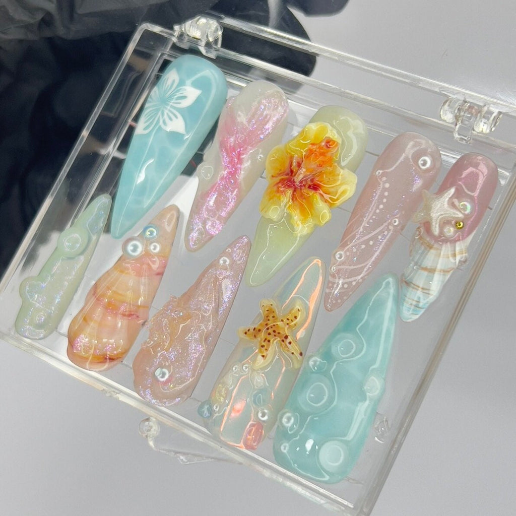 Fairy Dream Flower Garden Long Almond Press On Nails, 3D Gel Fairycore Fake Nails, Dreamy Nails for Birthday Vacation Holiday
