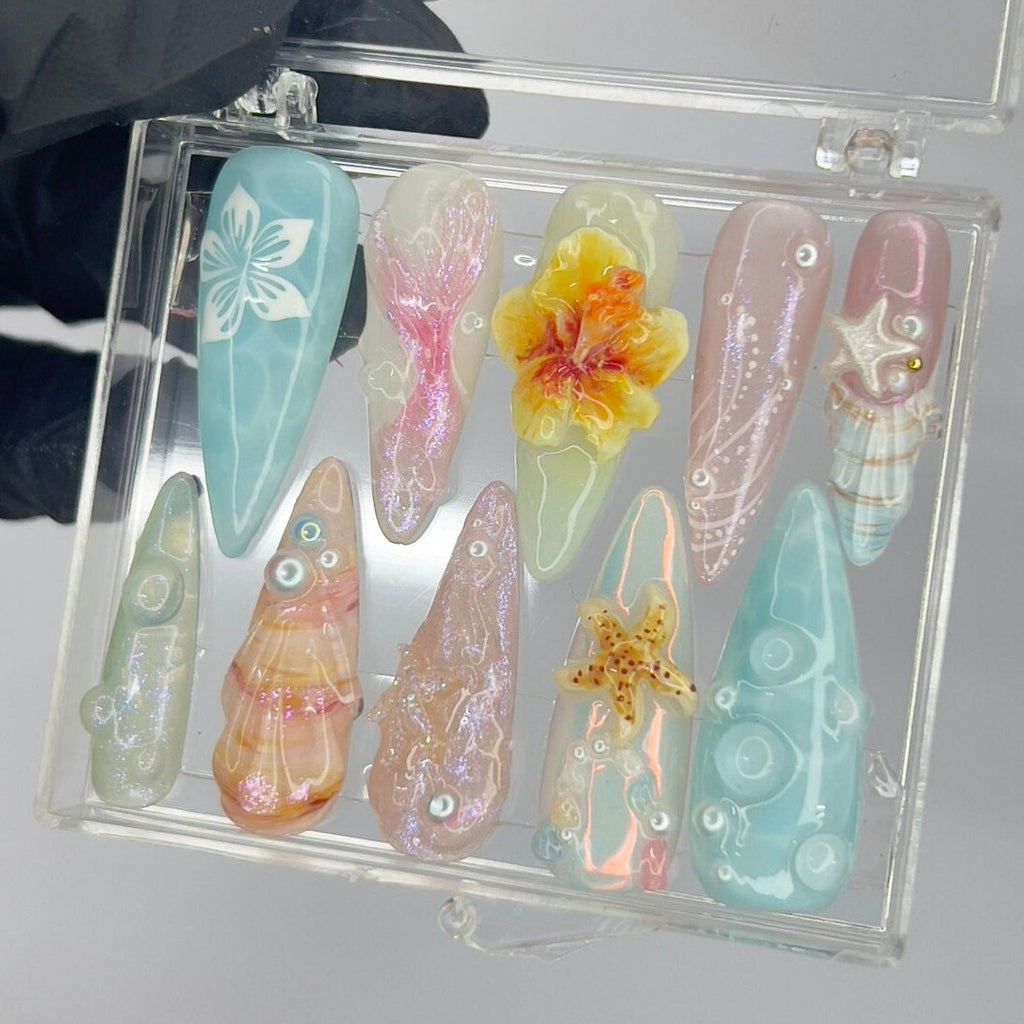 Fairy Dream Flower Garden Long Almond Press On Nails, 3D Gel Fairycore Fake Nails, Dreamy Nails for Birthday Vacation Holiday