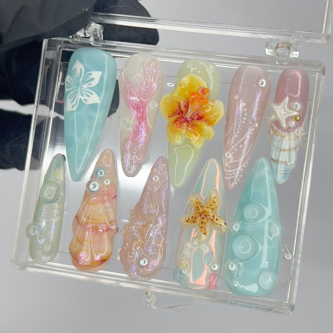 Fairy Dream Flower Garden Long Almond Press On Nails, 3D Gel Fairycore Fake Nails, Dreamy Nails for Birthday Vacation Holiday