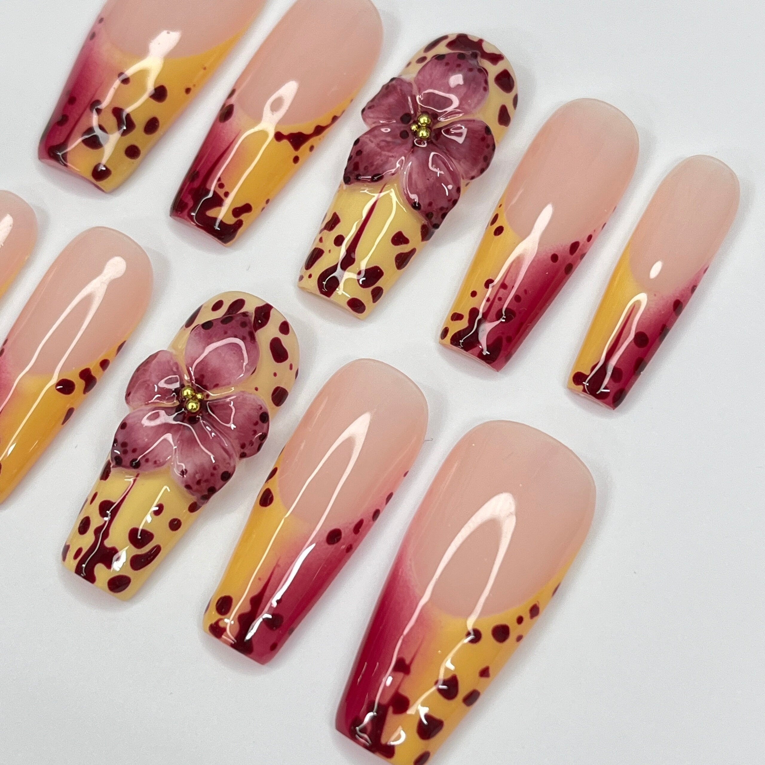 3D Orchid Inspired Long Coffin Press On Nails, Floral French Tip Fake Nail Art, Unique Nail for Birthday Vacation Holiday