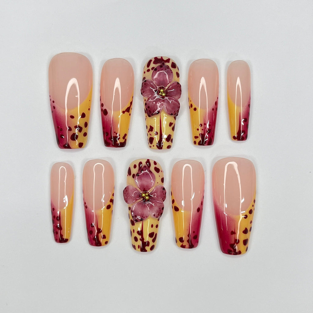 3D Orchid Inspired Long Coffin Press On Nails, Floral French Tip Fake Nail Art, Unique Nail for Birthday Vacation Holiday