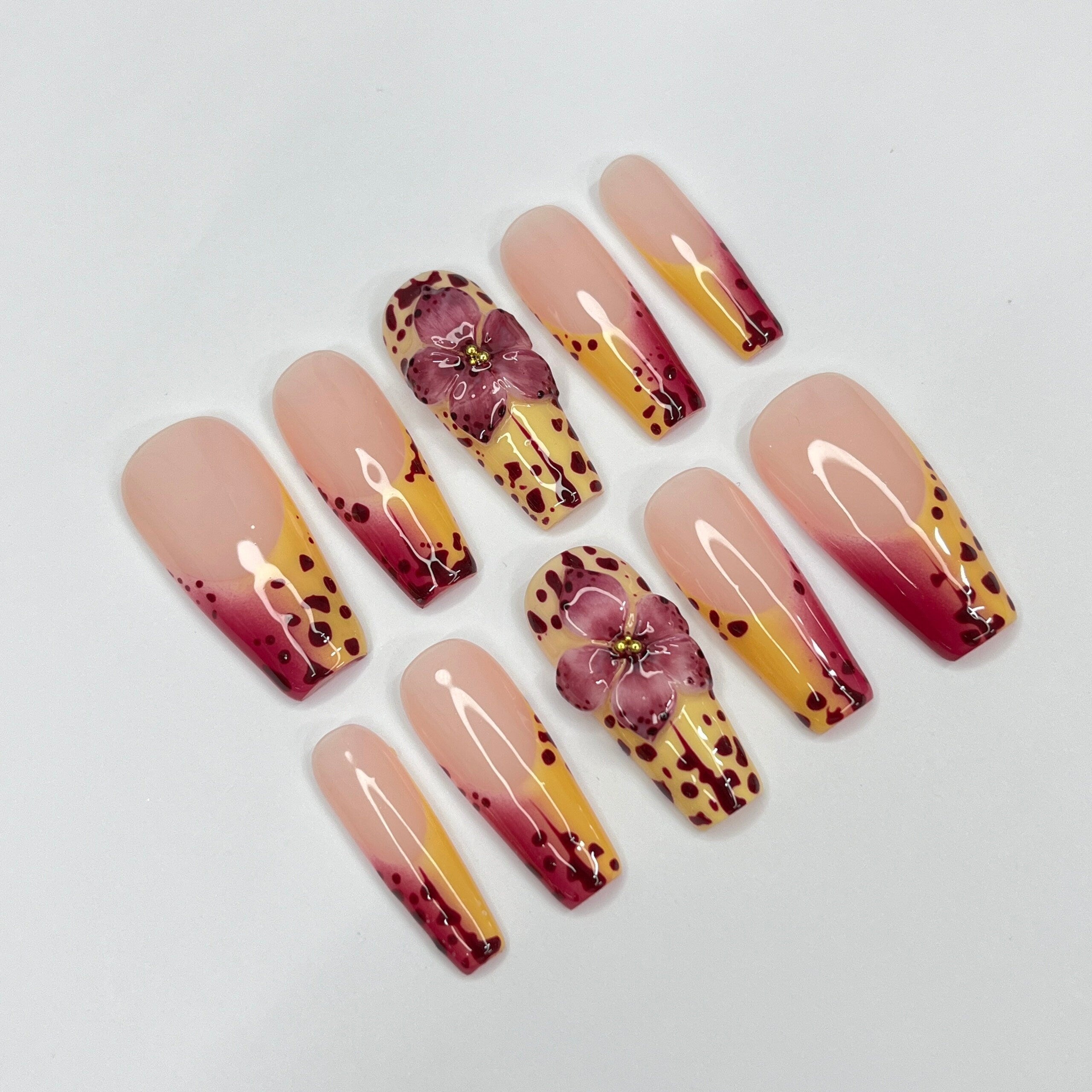 3D Orchid Inspired Long Coffin Press On Nails, Floral French Tip Fake Nail Art, Unique Nail for Birthday Vacation Holiday