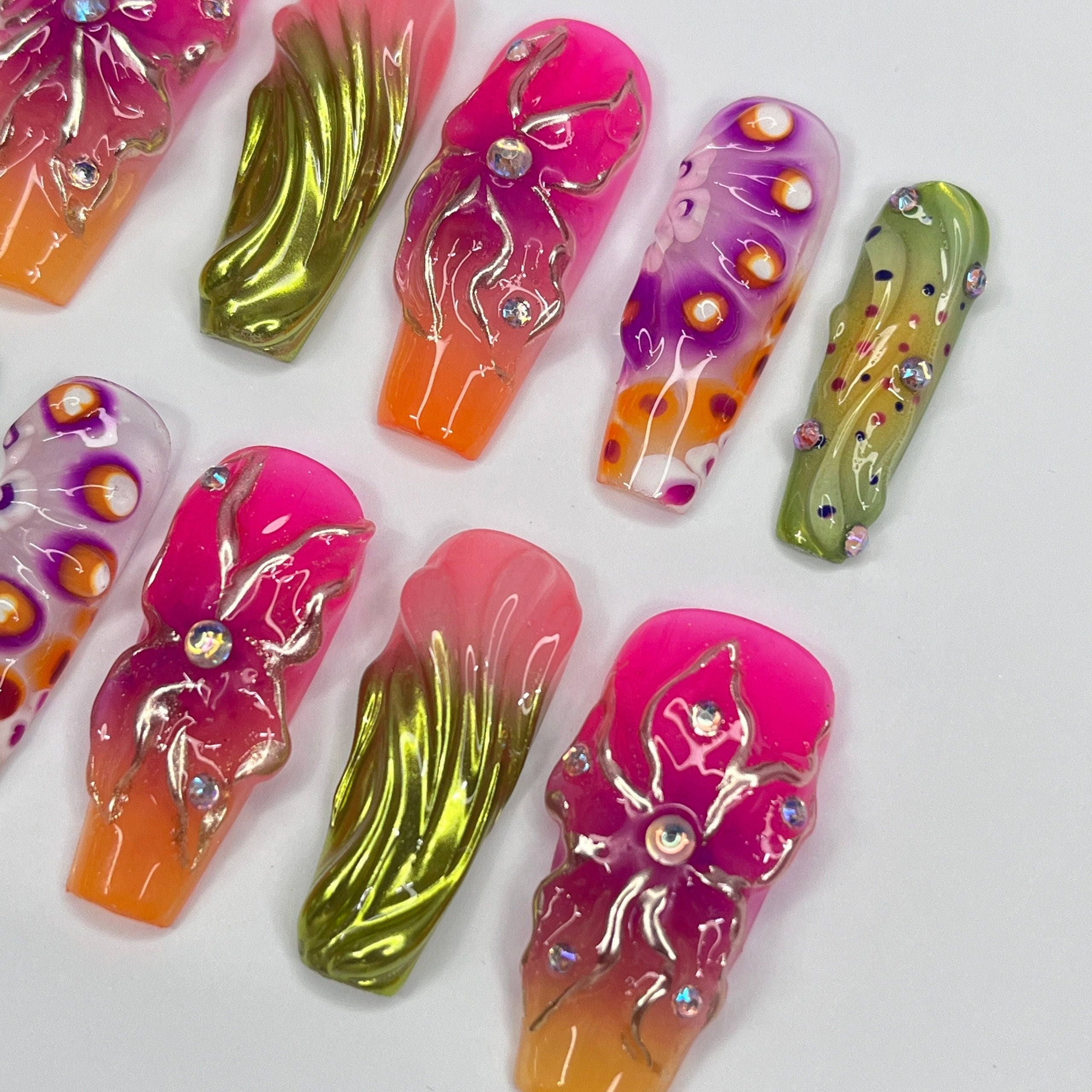 Colorful FairyCore Long Coffin Press On Nails, 3D Gel Fairycore Fake Nails, Dreamy Nails for Birthday Vacation Holiday