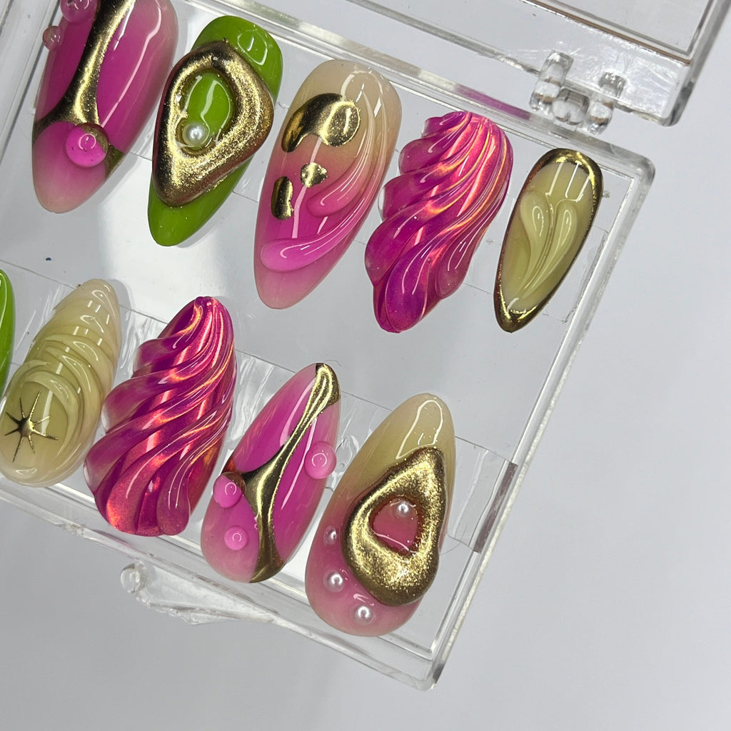 Free Style Pink & Green Almond Press On Nails, Floral Handmade Gel False Nails for Birthday Event Party Holiday Vacation, Spring Nails