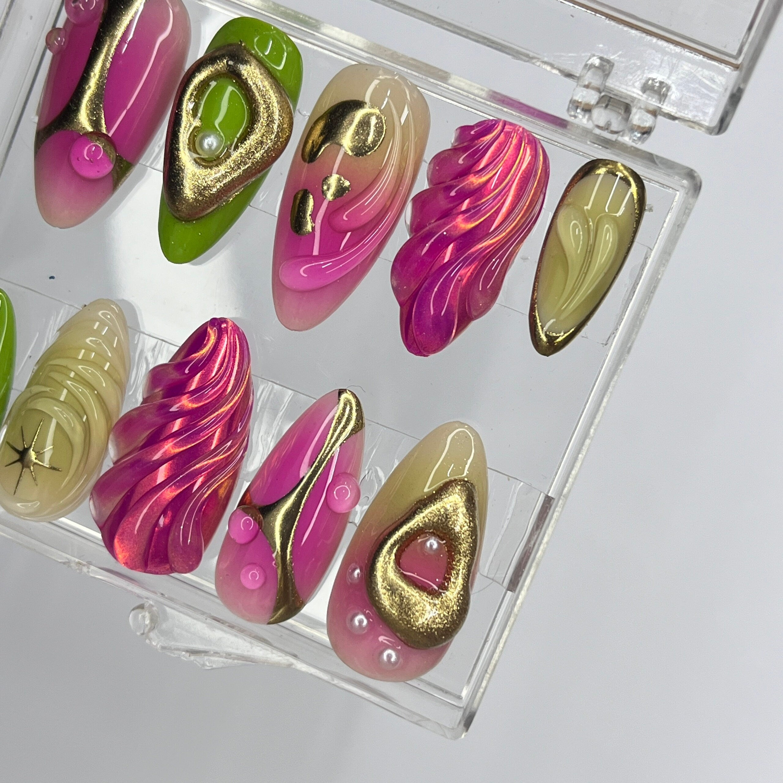 Free Style Pink & Green Almond Press On Nails, Floral Handmade Gel False Nails for Birthday Event Party Holiday Vacation, Spring Nails