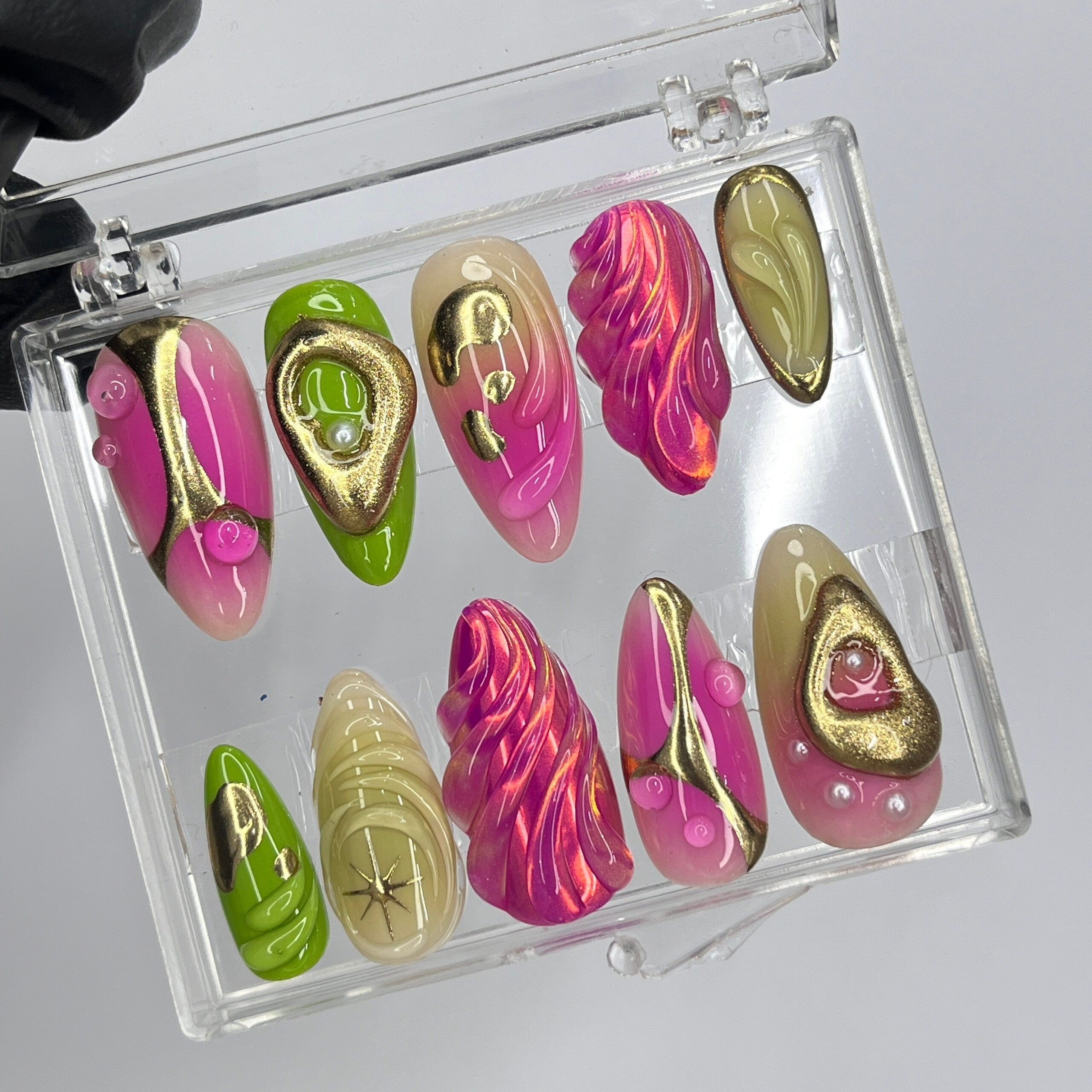 Free Style Pink & Green Almond Press On Nails, Floral Handmade Gel False Nails for Birthday Event Party Holiday Vacation, Spring Nails