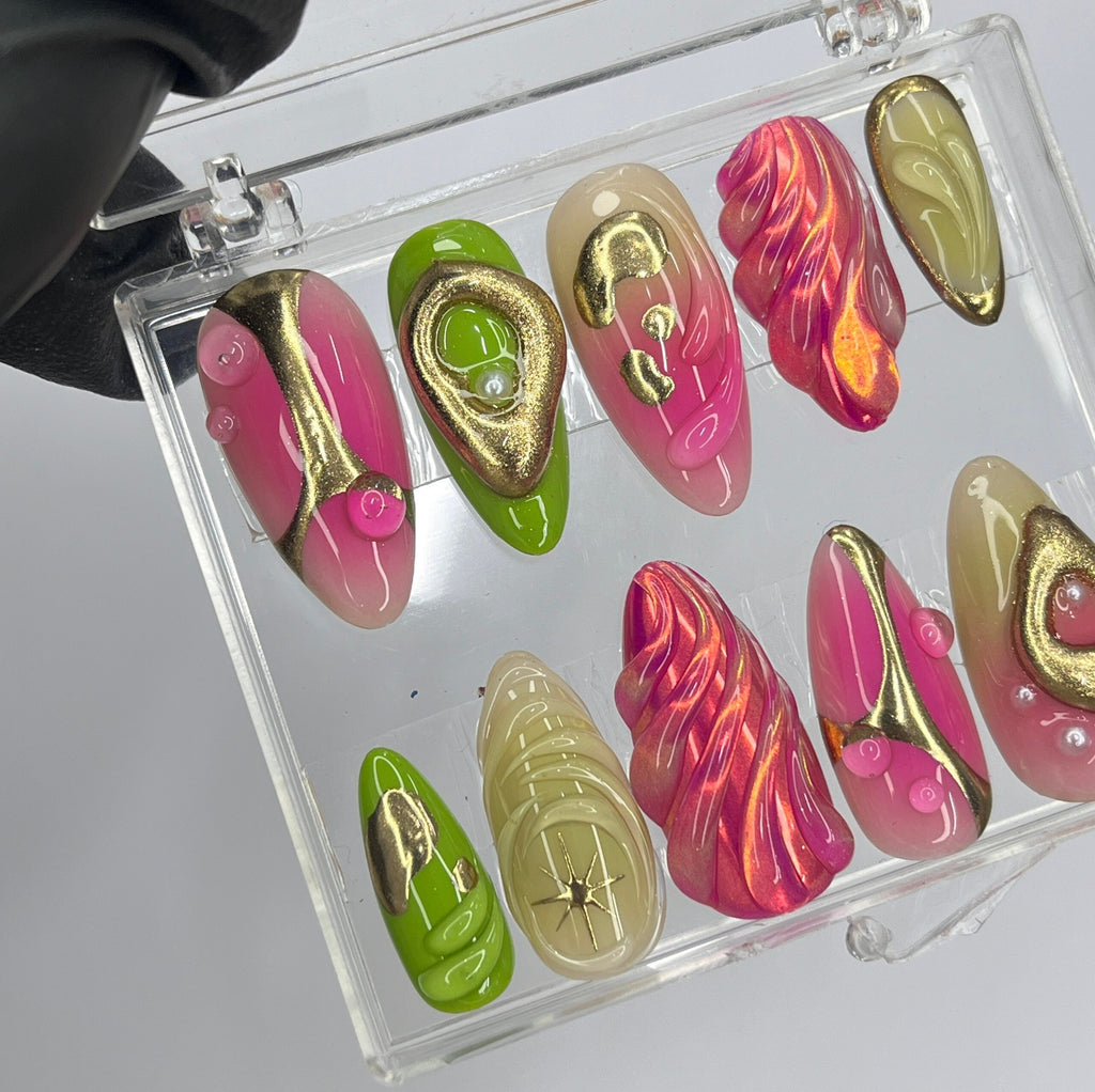 Free Style Pink & Green Almond Press On Nails, Floral Handmade Gel False Nails for Birthday Event Party Holiday Vacation, Spring Nails