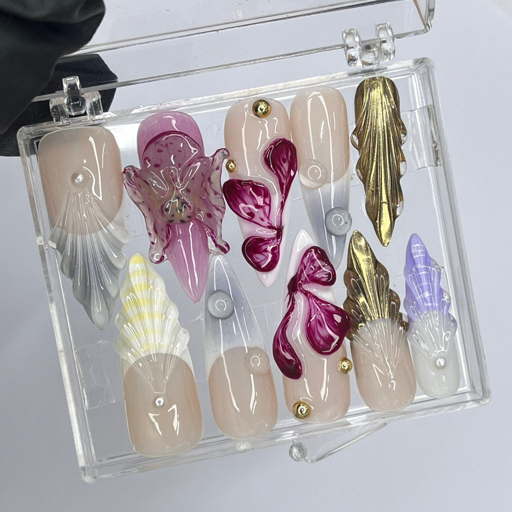 3D Flower Long Almond Press On Nails, Floral Handmade Gel False Nails for Birthday Event Party Holiday Vacation, Spring Nails