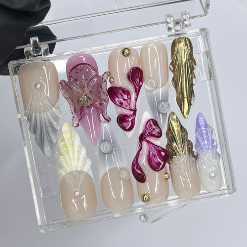3D Flower Long Almond Press On Nails, Floral Handmade Gel False Nails for Birthday Event Party Holiday Vacation, Spring Nails