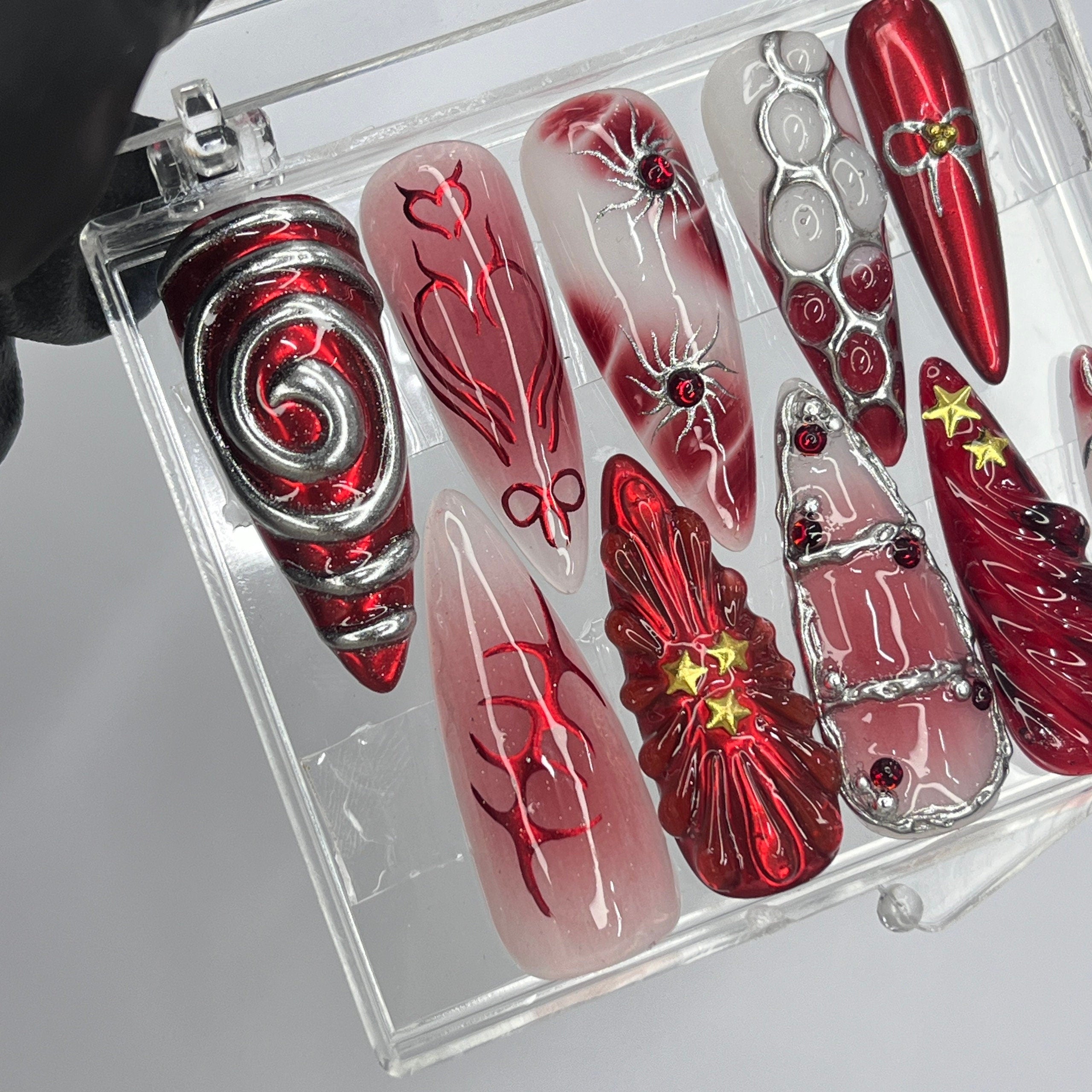 Free Style Red Theme Long Almond Press On Nails, Floral Handmade Gel False Nails for Birthday Event Party Holiday Vacation, Spring Nails