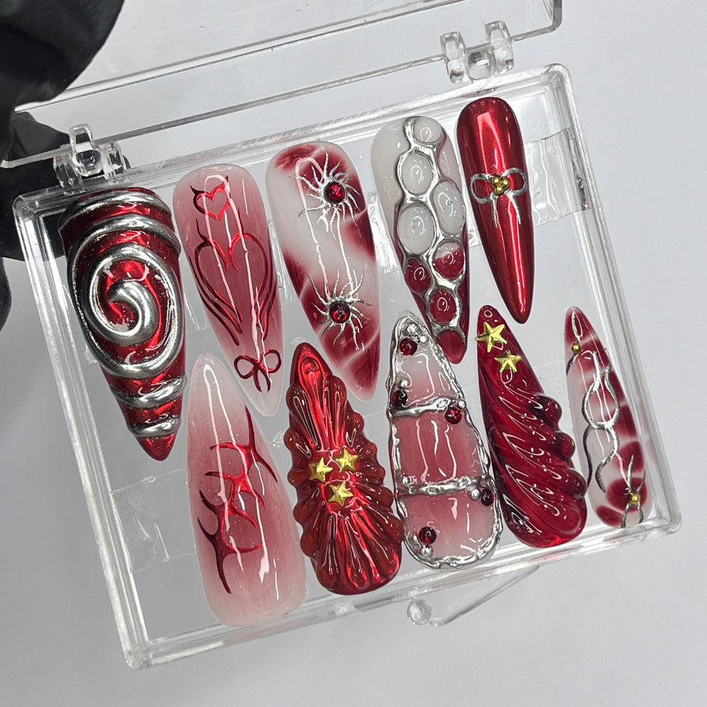 Free Style Red Theme Long Almond Press On Nails, Floral Handmade Gel False Nails for Birthday Event Party Holiday Vacation, Spring Nails