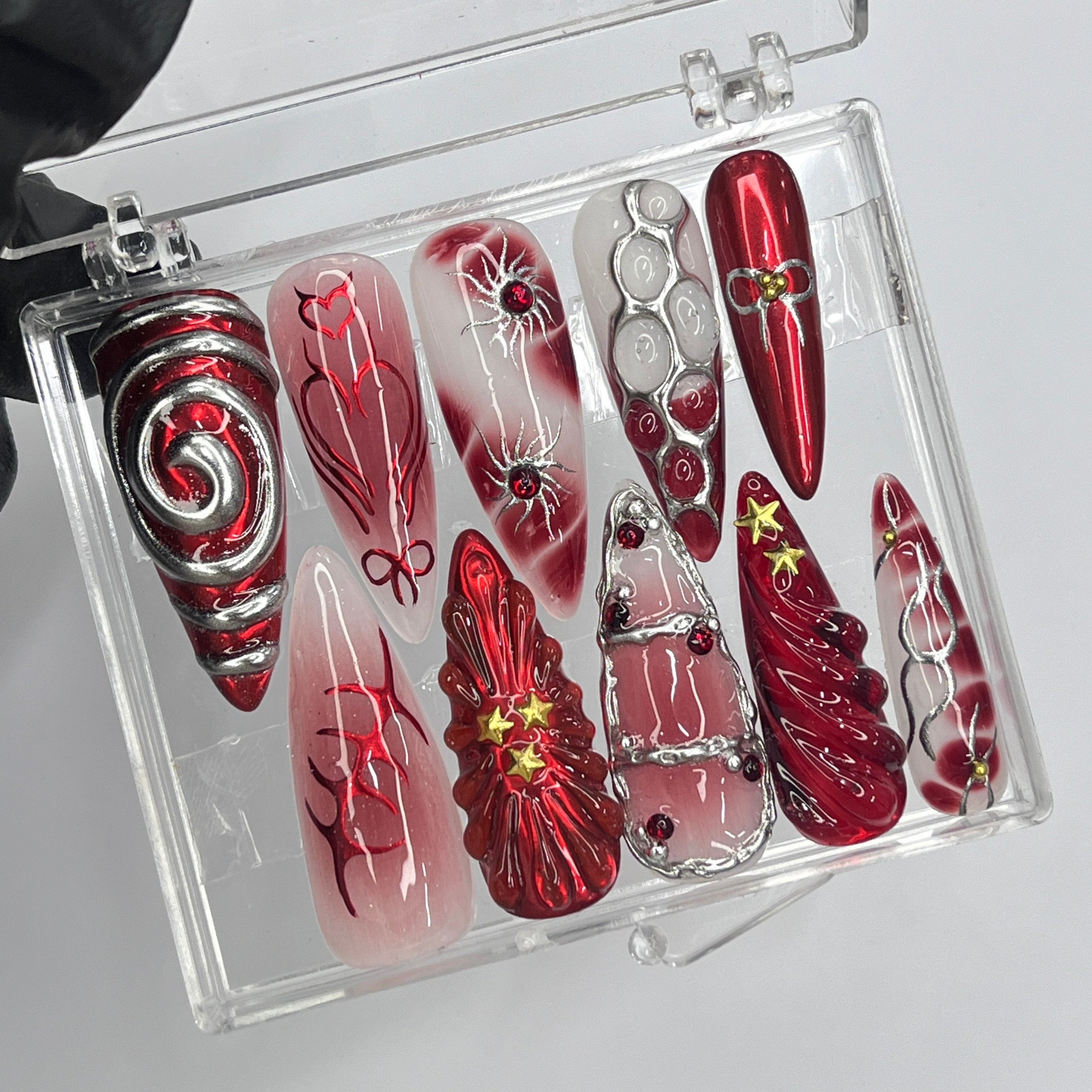 Free Style Red Theme Long Almond Press On Nails, Floral Handmade Gel False Nails for Birthday Event Party Holiday Vacation, Spring Nails
