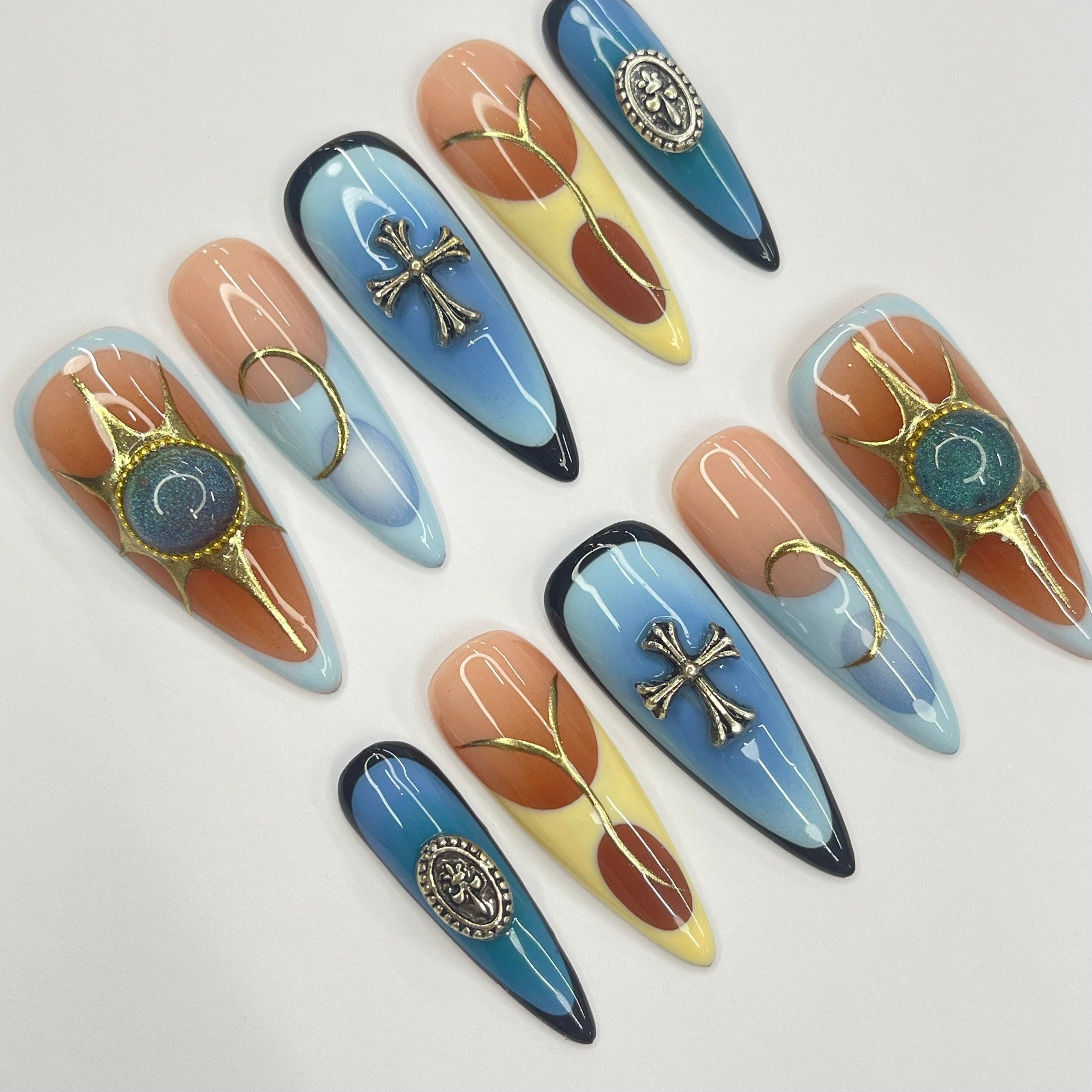 Summer Color Blue & Yellow Aura French Tip Long Almond Press On Nails, 3D Gel Fake Nails, Unique Design Nails for Birthday Vacation Holiday