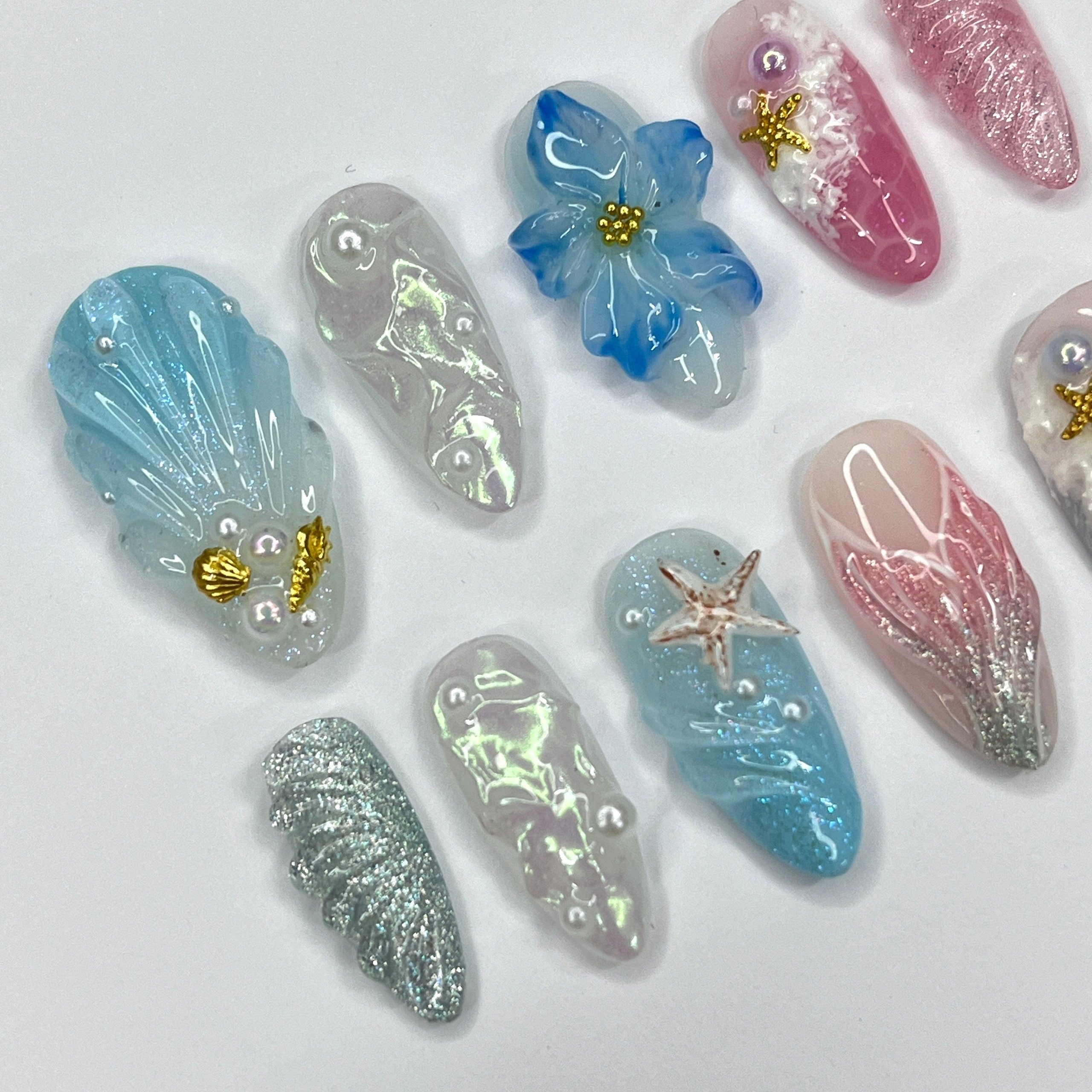 Mermaid Tail & Flowers Summer Inspired Press On Nails, 3D Ocean Theme Fake Nail Art, Unique Design Nail for Summer Holiday Vacation Event