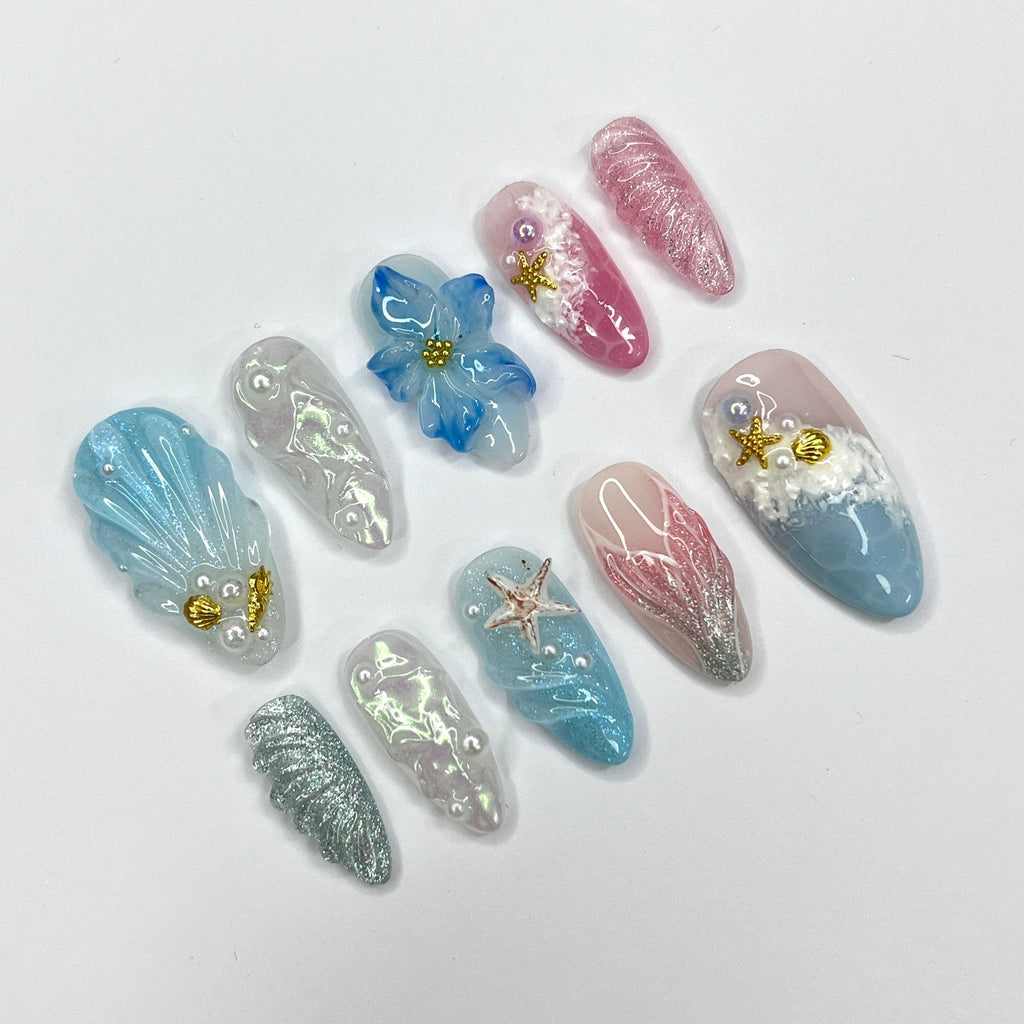 Mermaid Tail & Flowers Summer Inspired Press On Nails, 3D Ocean Theme Fake Nail Art, Unique Design Nail for Summer Holiday Vacation Event