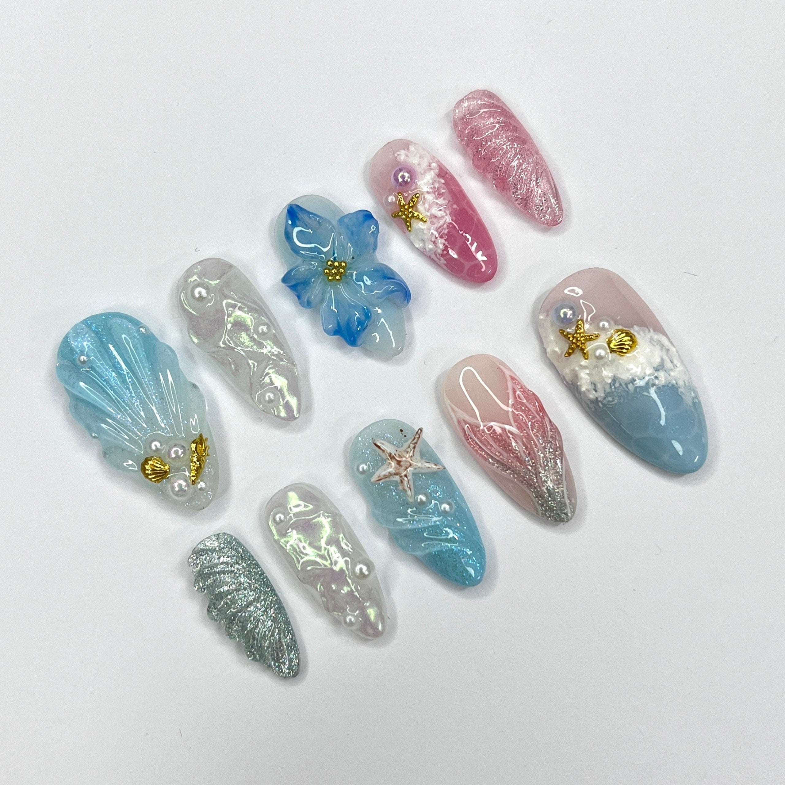 Mermaid Tail & Flowers Summer Inspired Press On Nails, 3D Ocean Theme Fake Nail Art, Unique Design Nail for Summer Holiday Vacation Event