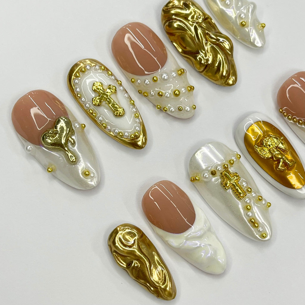 Cupid With White French Tip Gold Accent Medium Almond Handmade Press On Nail, Custom Made False Nails, Holiday Vacation Prom Nails