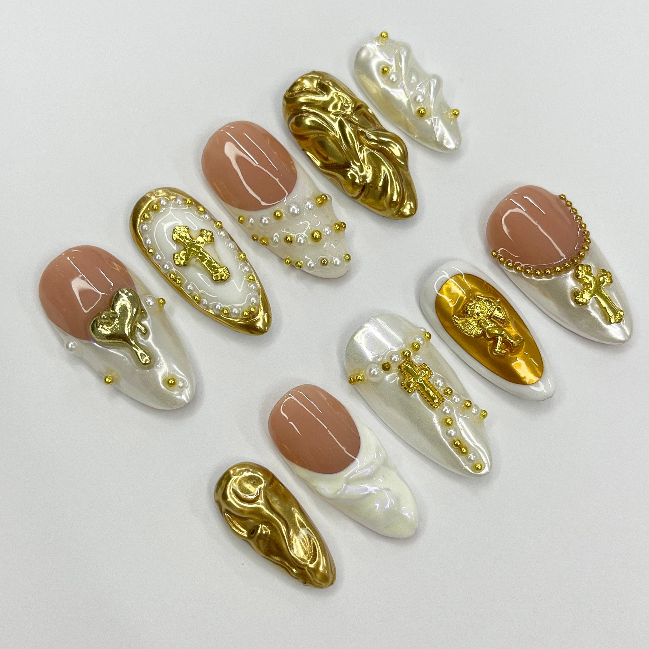 Cupid With White French Tip Gold Accent Medium Almond Handmade Press On Nail, Custom Made False Nails, Holiday Vacation Prom Nails