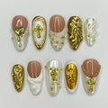 Cupid With White French Tip Gold Accent Medium Almond Handmade Press On Nail, Custom Made False Nails, Holiday Vacation Prom Nails