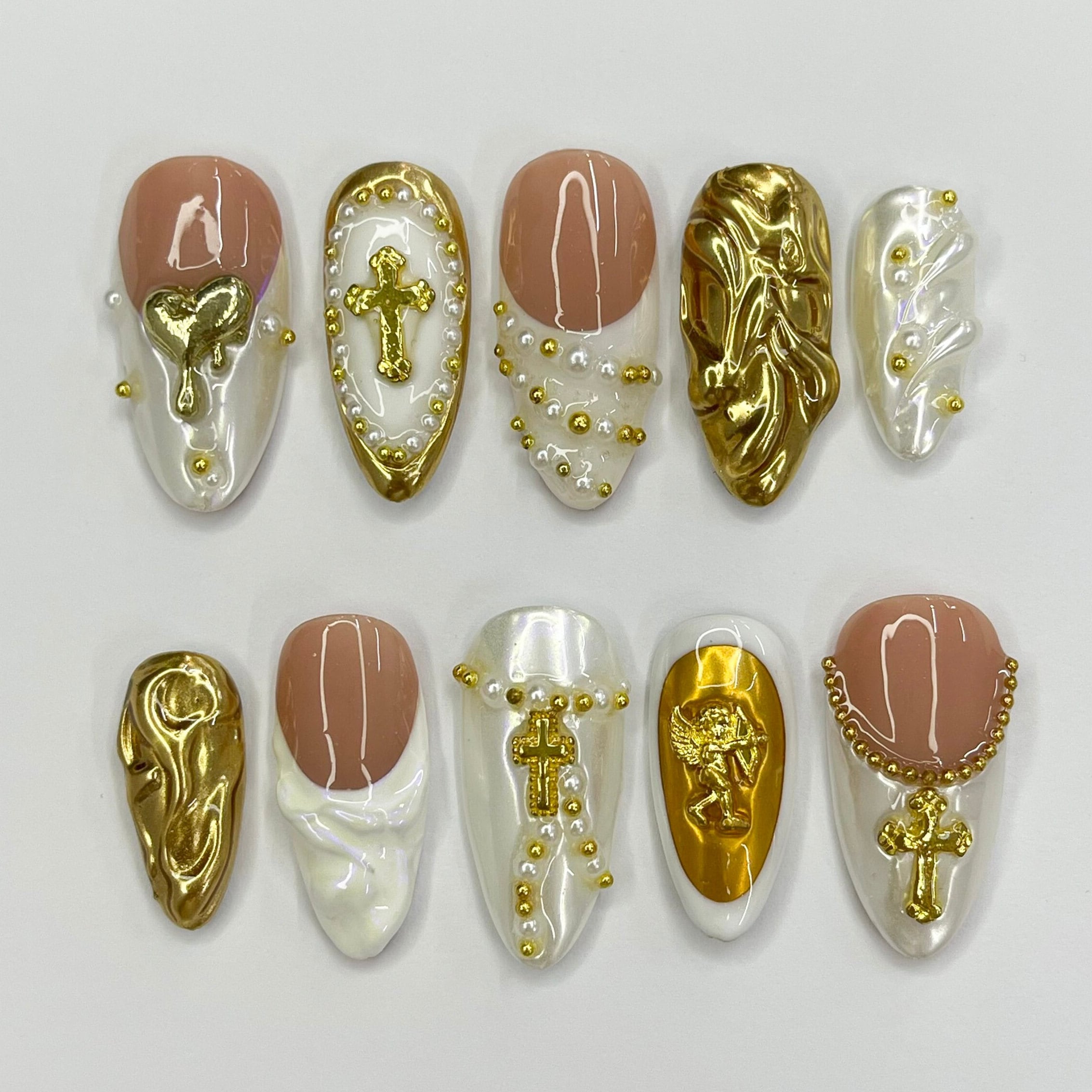 Cupid With White French Tip Gold Accent Medium Almond Handmade Press On Nail, Custom Made False Nails, Holiday Vacation Prom Nails