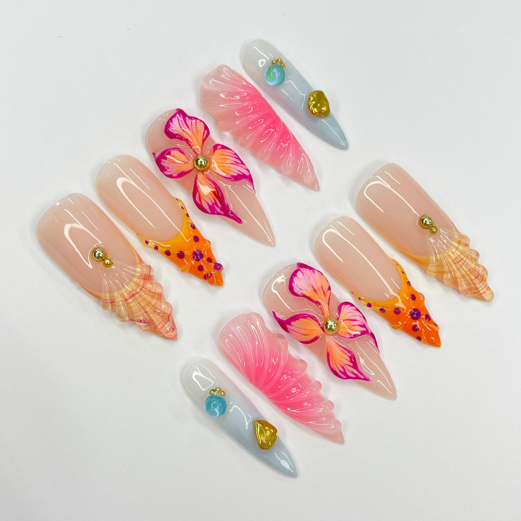 3D Flower With Seashell French Tip Long Almond Press On Nails, Unique Design Fake Nail Art, Beauitful Nail for Birthday Vacation Holiday