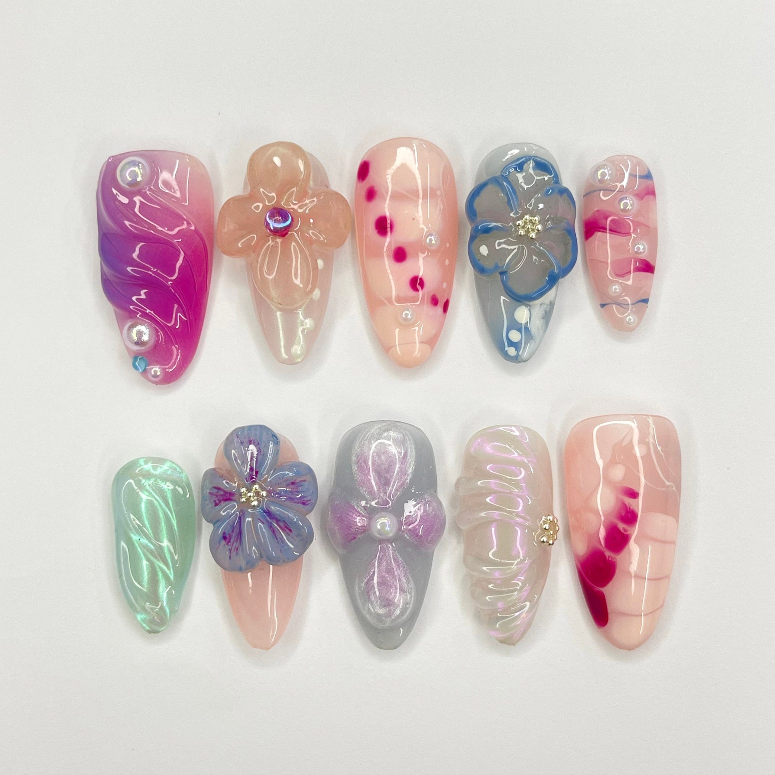 Fairy Dream Flower Garden Almond Press On Nails, 3D Gel Fairycore Fake Nails, Dreamy Nails for Birthday Vacation Holiday