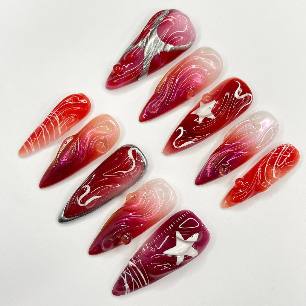 Red 3D Gel With Silver Star Long Almond Press On Nails, 3D Gel Fairycore Fake Nails, Dreamy Nails for Birthday Vacation Holiday
