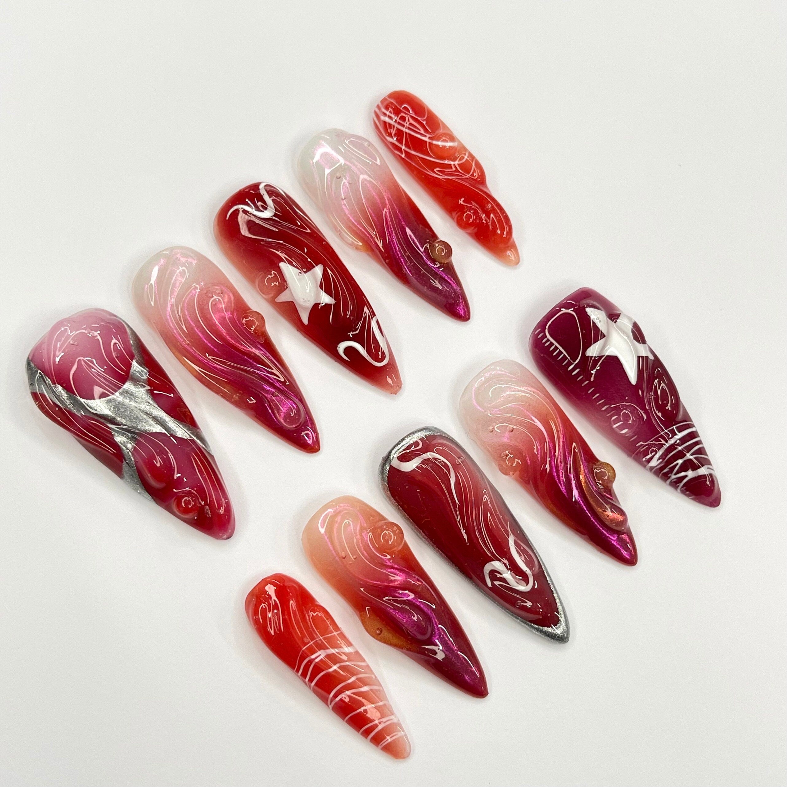 Red 3D Gel With Silver Star Long Almond Press On Nails, 3D Gel Fairycore Fake Nails, Dreamy Nails for Birthday Vacation Holiday