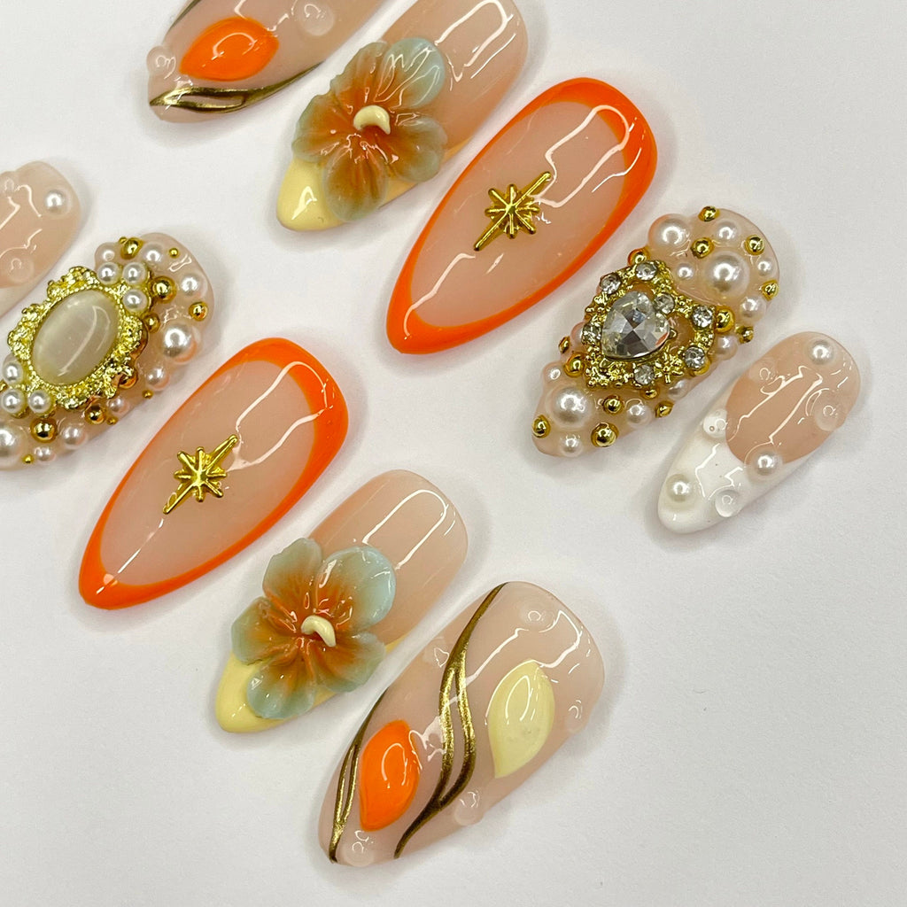 3D Flower FreeStyle Medium Almond Press On Nails, 3D Gel Fairycore Fake Nails, Dreamy Nails for Birthday Vacation Holiday
