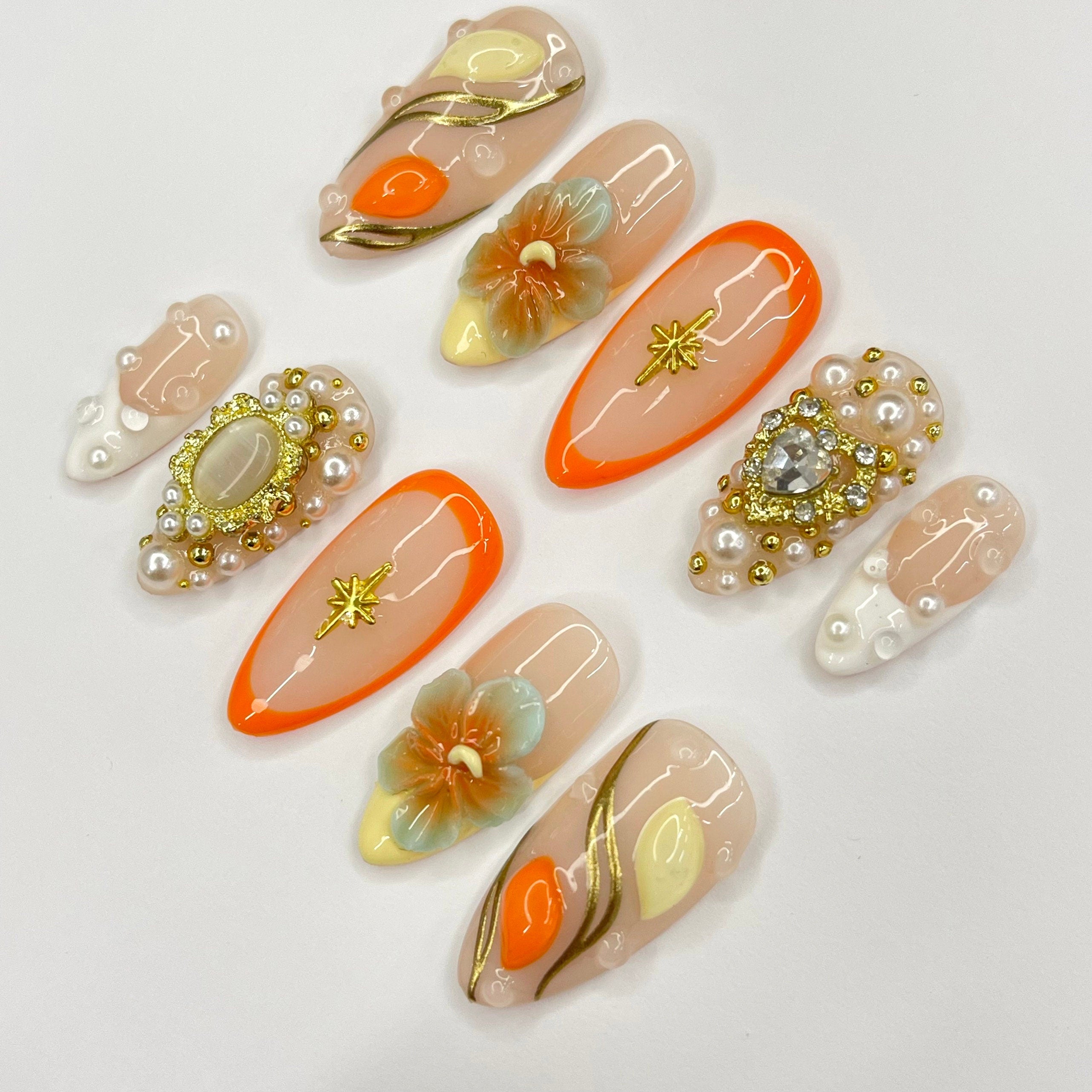 3D Flower FreeStyle Medium Almond Press On Nails, 3D Gel Fairycore Fake Nails, Dreamy Nails for Birthday Vacation Holiday