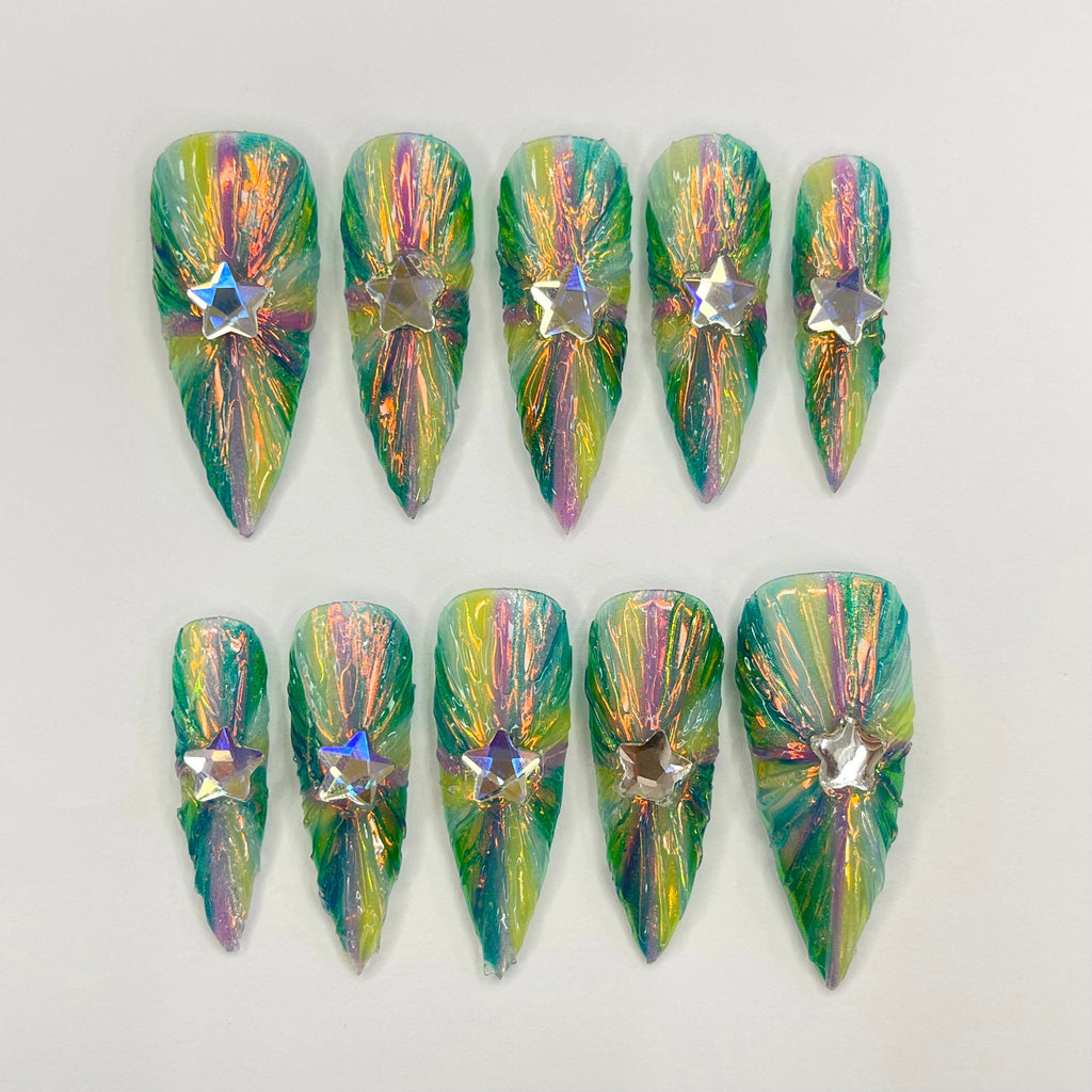 Colorful light Long Stiletto Press On Nails, 3D Gel Fairycore Fake Nails, Dreamy Nails for Birthday Vacation Holiday