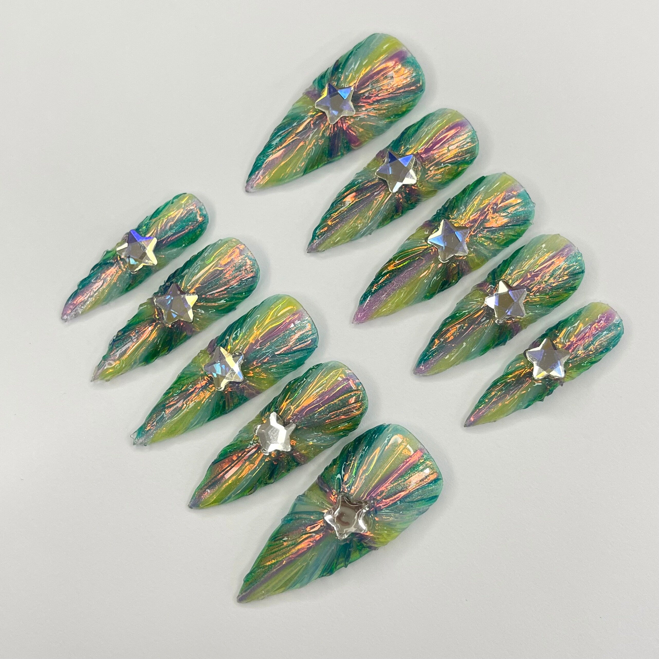Colorful light Long Stiletto Press On Nails, 3D Gel Fairycore Fake Nails, Dreamy Nails for Birthday Vacation Holiday