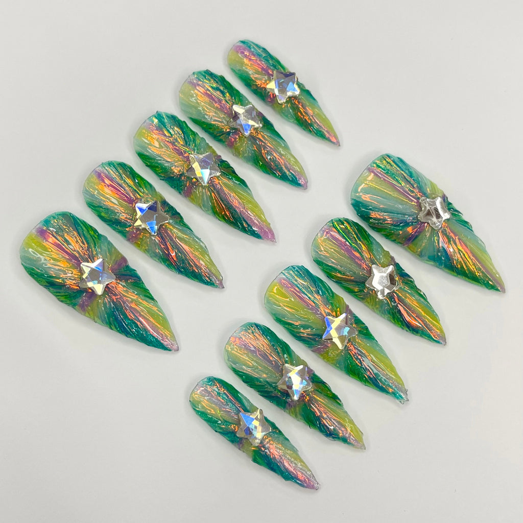 Colorful light Long Stiletto Press On Nails, 3D Gel Fairycore Fake Nails, Dreamy Nails for Birthday Vacation Holiday