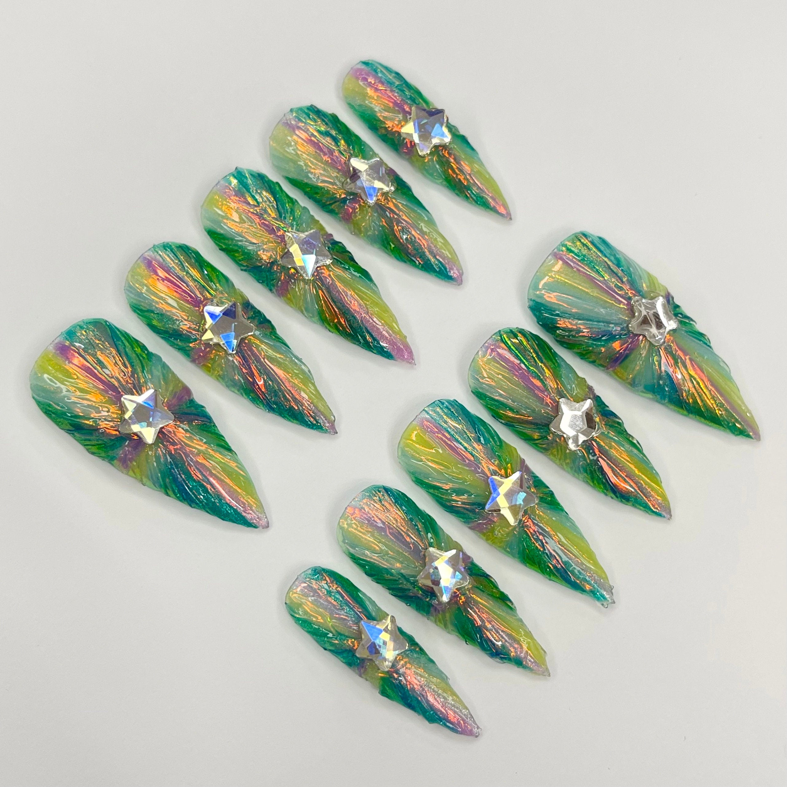 Colorful light Long Stiletto Press On Nails, 3D Gel Fairycore Fake Nails, Dreamy Nails for Birthday Vacation Holiday