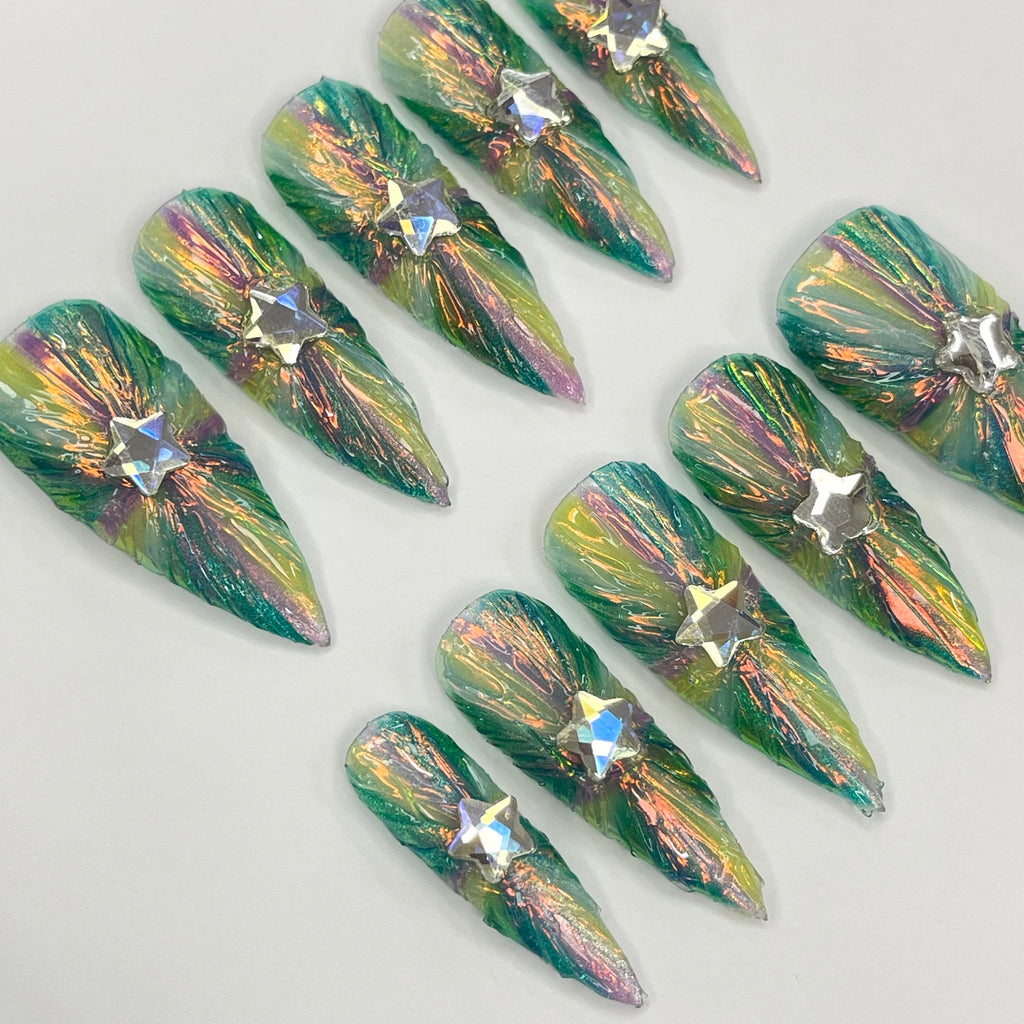 Colorful light Long Stiletto Press On Nails, 3D Gel Fairycore Fake Nails, Dreamy Nails for Birthday Vacation Holiday