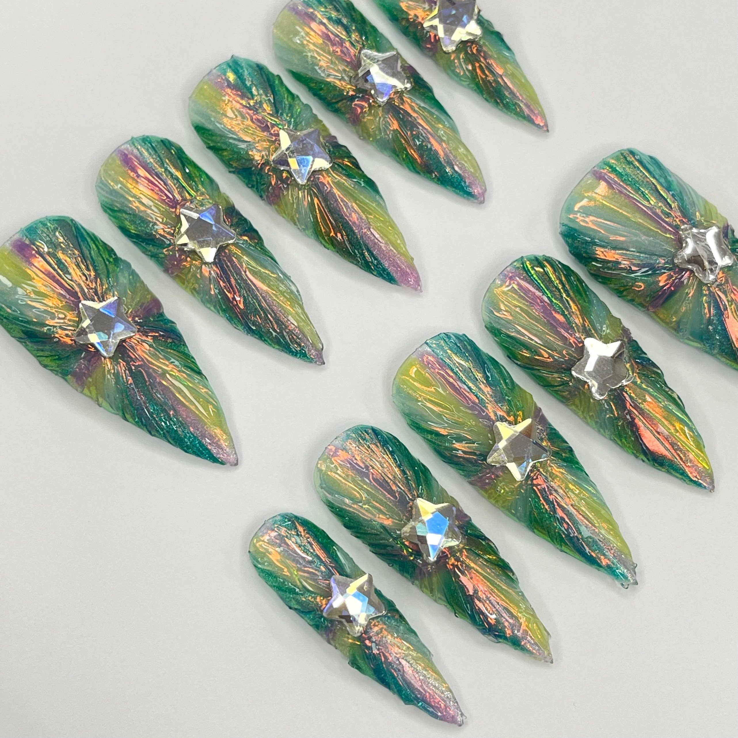 Colorful light Long Stiletto Press On Nails, 3D Gel Fairycore Fake Nails, Dreamy Nails for Birthday Vacation Holiday