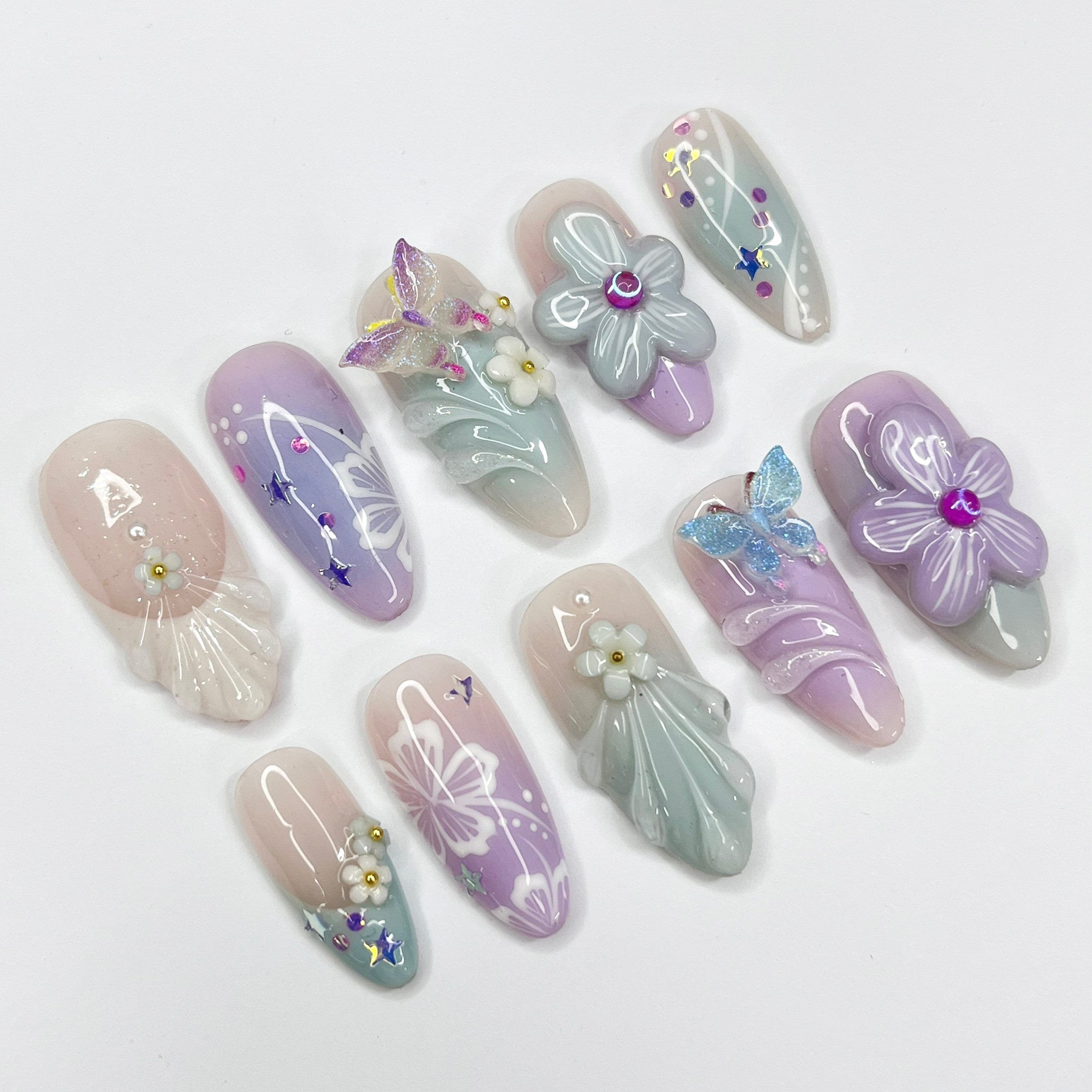 Flower Garden Medium Almond Press On Nails, 3D Flower Theme Fake Nail Art, Unique Design Nail for Summer Holiday Vacation Event