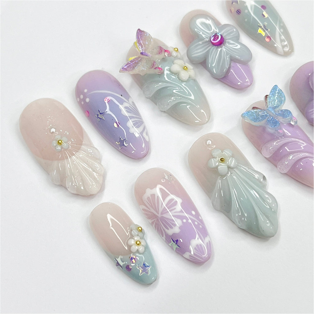 Flower Garden Medium Almond Press On Nails, 3D Flower Theme Fake Nail Art, Unique Design Nail for Summer Holiday Vacation Event